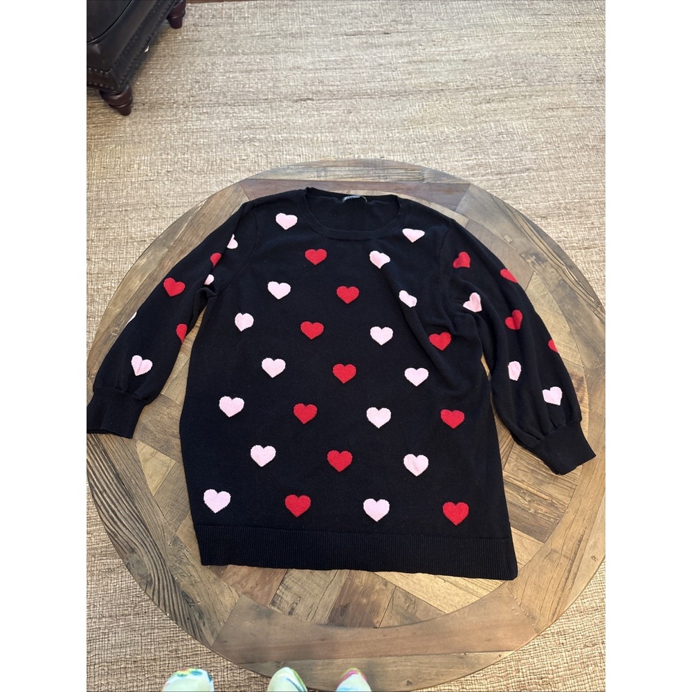 Adrianna Papell Black  W/ Red & Pink Hearts Pullover Knit Sweater Size XL